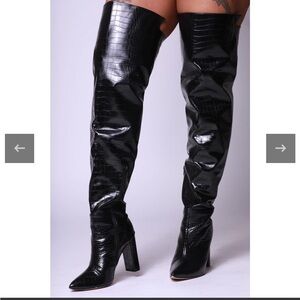 Black Croc-Embossed Over-the-Knee Boots